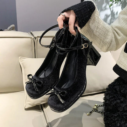 high-heeled shoes Cross tie bow shoes women's small leather shoes spring and autumn new women's single shoes