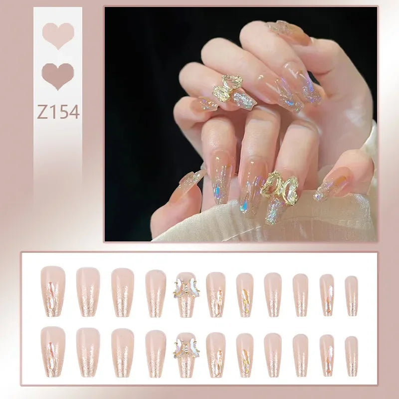 binfenxie 24pcs/box Fake Nails Press on Reusable with Designs Set French Artificial Aurora Diamond False Tipsy Stick-on Nails Tips Art