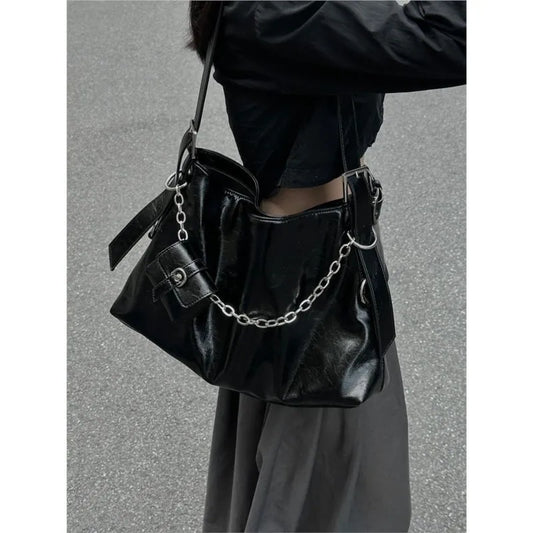 binfenxie Black Vintage Underarm Bag Women Harajuku Chain Decorative Shoulder Bag With Headphone Bag Large Capacity Tote Bag Y2k