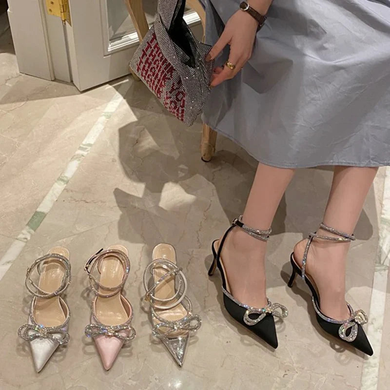 Sexy Pointed Toe Rhinestone Pumps Women Crystal Ankle Strap High Heels Sandals Female Summer Silk Satin Wedding Shoes Woman