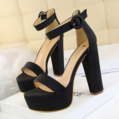 Futurecen  -  Fashion Women Pumps Sandals Summer Sexy Platform Buckle Strap PU 13.5CM Square Heel Outdoor Korean Style Women Shoes Black