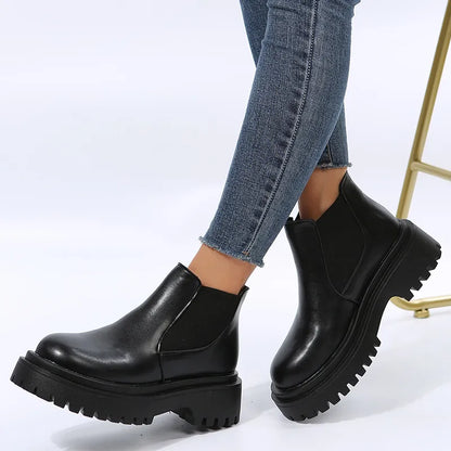 Chunky Pu Leather Chelsea Boots for Women Fashion Slip On Platform Ankle Booties Woman Black Thick Bottom Short Boots