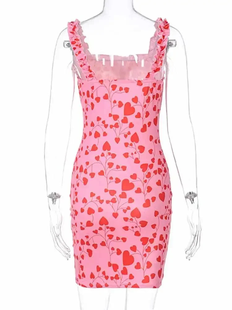 binfenxie Pink Mini Pencil Dress Summer Bodycon Dresses Heart Print Sweet Dresses Ladies Boho Sundress Streetwear Aesthetics Y2K Clothes