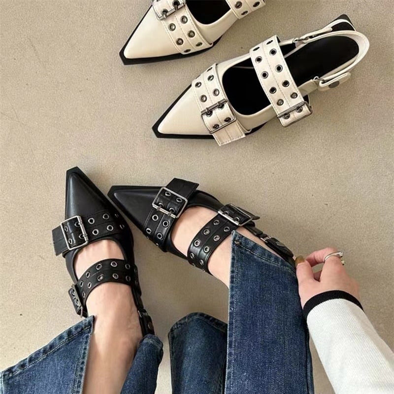 Slingback Shoes Gothic Chunky Heels Women's Pumps Rivet Street Style Medium Heel Punk Vintage Casual Sandals Spring Summer