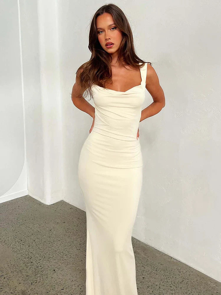 Double Shoulder Straps Backless Sexy Maxi Dress For Women Summer New Square Collar Sleeveless Bodycon Long Dress