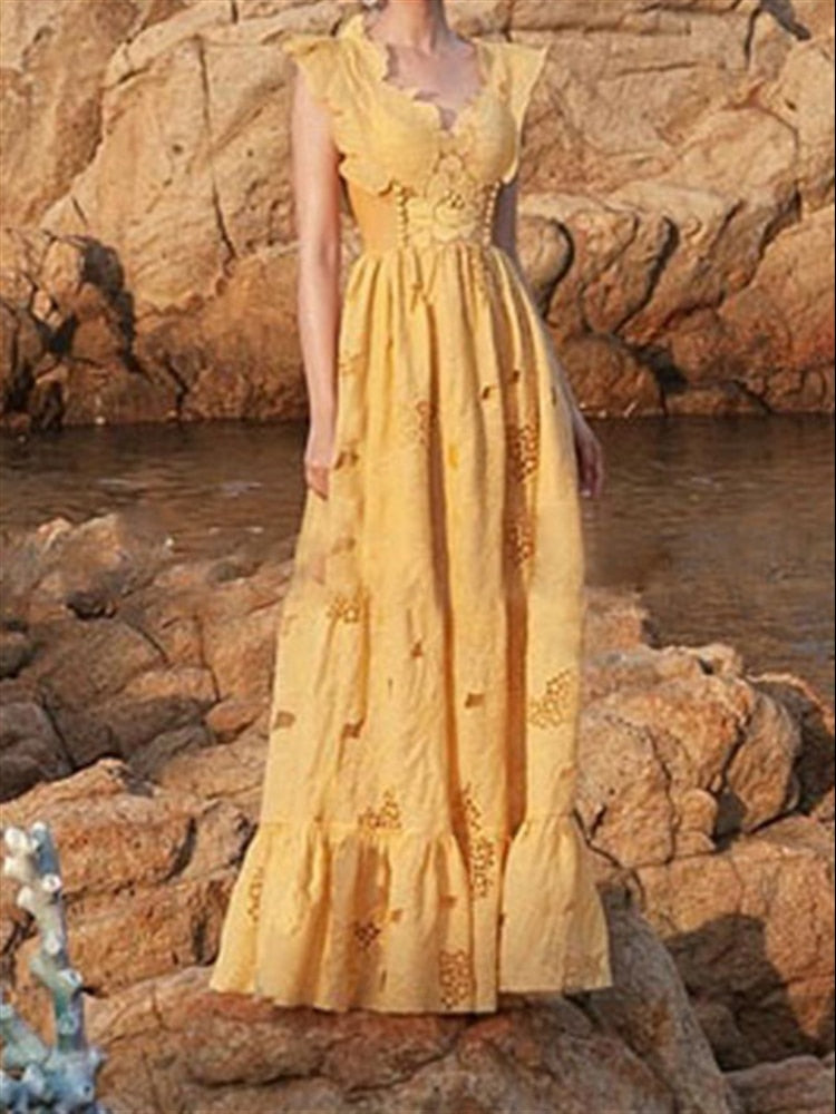 Backless Solid Yellow Dresses for Women Clothing Elegant Party Summer Lace Beach Sleeveless Boho Dress Female Woman Vestido