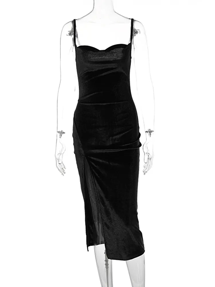 binfenxie Velvet Swing Collar Sleeveless Slip Sexy Slit Maxi Dress New Fashion Evening Party Women Elegant Streetwear Y2K