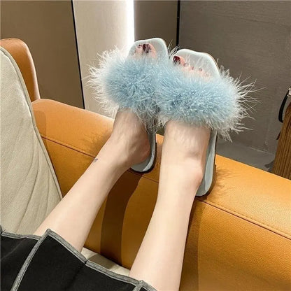 Summer Fluffy Slides Vintage Feather Women's Slippers and Ladies Sandals Flat Shoes Pink Fuzzy Furry Trend New Style I F B