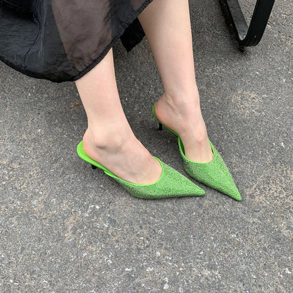 binfenxie  -   Women Sandals Slides Thin HigH Heels Black Green Purple Beige Summer Outside Mules Shoes Stiletto Party Pumps 35-39