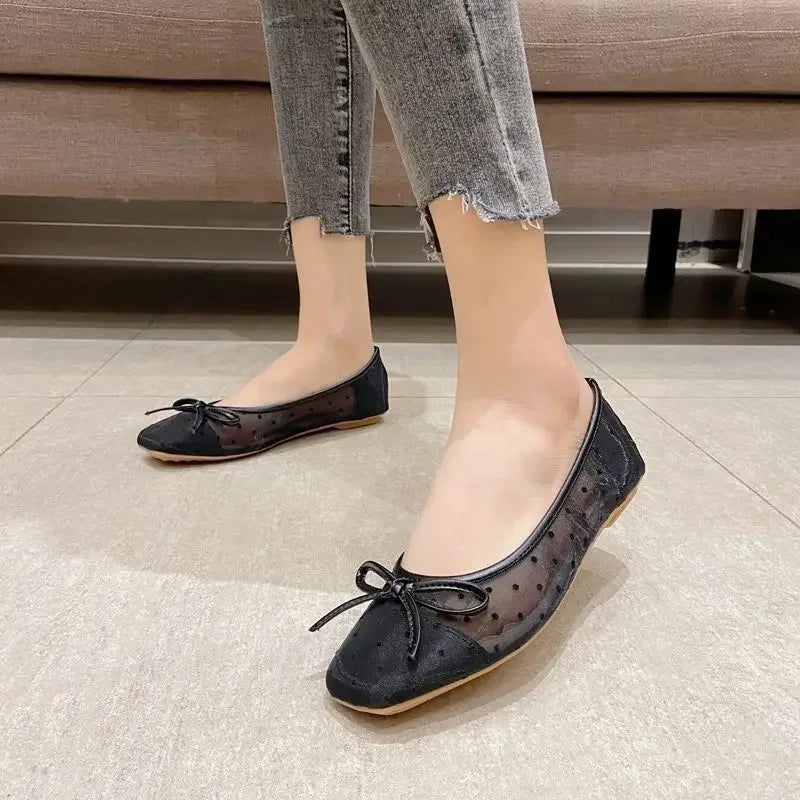 Shoes for Women Flat Ladies Summer Footwear with Bow Clear Transparent Black Flats Square Toe on Offer Non Slip 39 Shoe E A