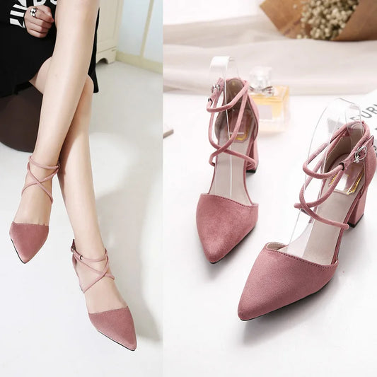 Ladies Shoes Pumps Footwear Block Heel Sandals for Women Pink Summer Pointed Toe Thick High Heels with Strap Chunky Heeled