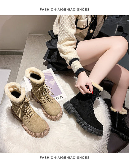 Winter Boots Lady Boots-Women Lace Up Australia Female Shoes Luxury Designer Round Toe Mid-Calf Snow Fashion Rubber Mid Cal