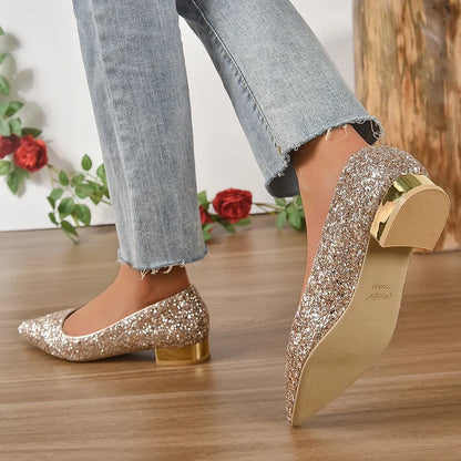 Gold Low Heels Pumps Women Spring Shiny Sequins Pointed Toe Party Shoes Woman Plus Size Simple Thick Heeled Bride Shoes