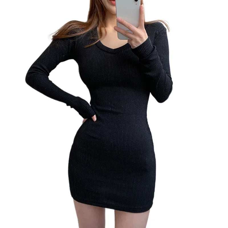 binfenxie Women Sweater Dress Knit Bodycon Dress V-Neck Long Sleeve Slim Sexy Dress Autumn Solid Color Casual Dresses Lady Mini Dresses