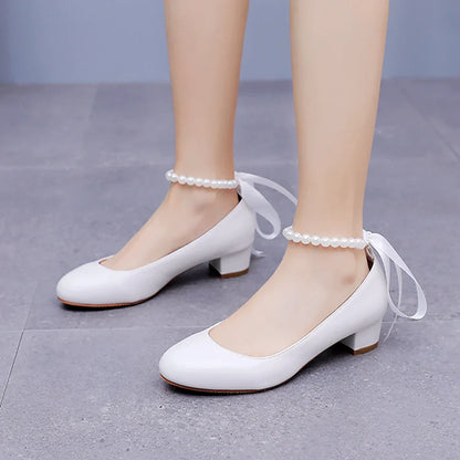 binfenxie  -   White Women Shoes Sexy Bride Party 3CM Pointed Toe Pumps Round Head Shallow Thick High Heels 03BDL