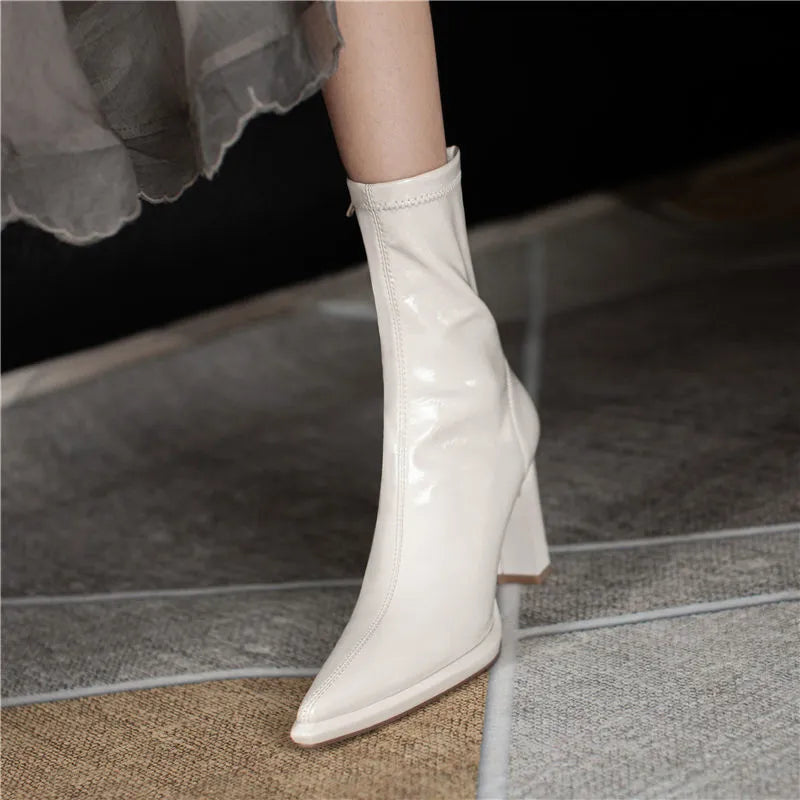 Women's Boots High Heels Half Footwear White Pointed Toe Elastic Shoes for Woman Mid Calf Elegant Heeled  New Spring Pu Y2k