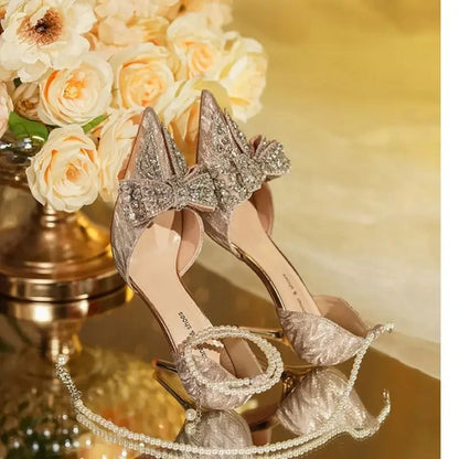 Luxury Pointed Toe Women Rhinestone Butterfly Pearl Gold High Heels Silver High Heel Sandals Party Wedding Shoes Plus Size