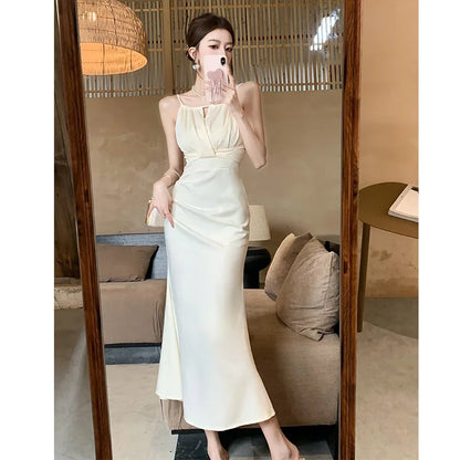 Summer New Style French Retro Halter Strap Dress for Women, Satin Fish Tail High-Level Feeling Long Dress with Design Sense