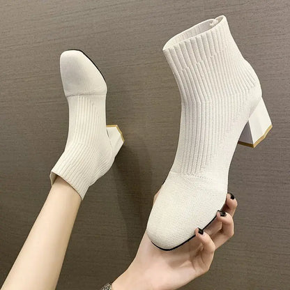 Booties Elastic Footwear White Heeled Very High Heels Short Shoes For Women Sock Female Ankle Boots With Young On Sale New In Pu