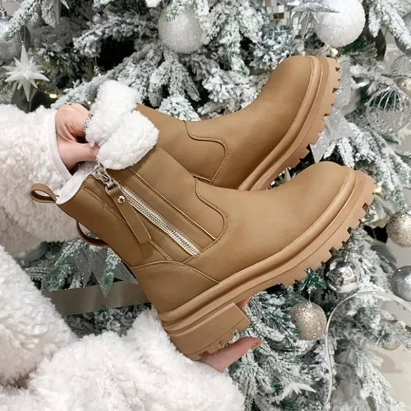 Keep Warm Winter Fur Ankle Boots Women  Fashion Short Plush Platform Boots Woman Thick Bottom Zipper Short Booties