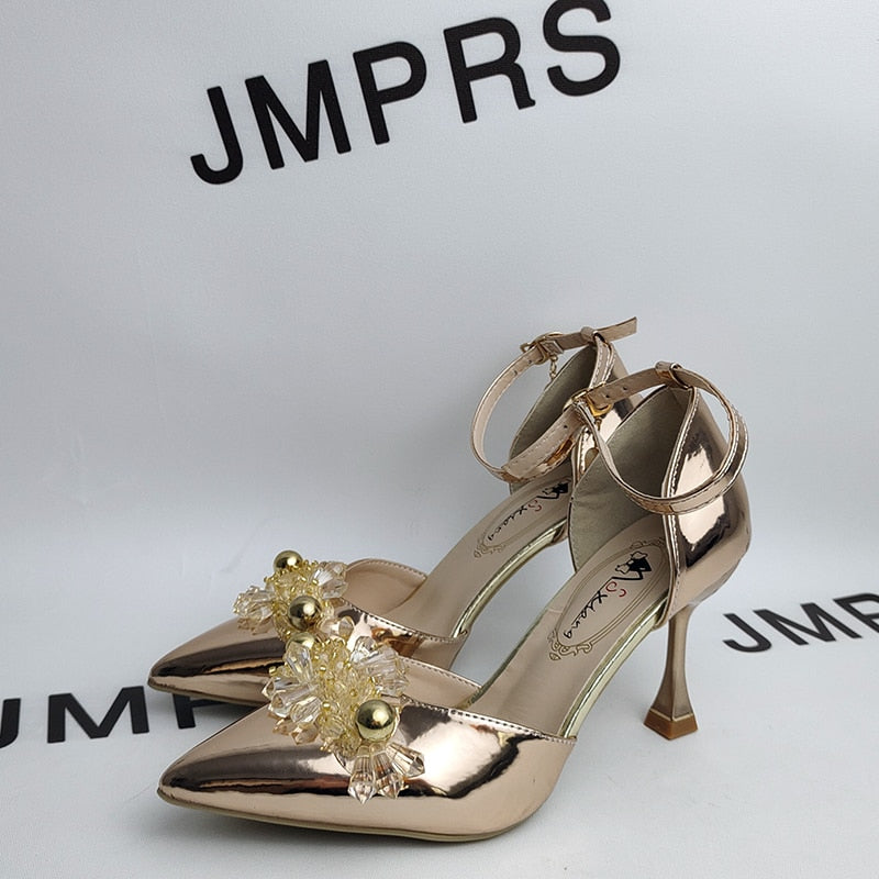 Jmprs Gold Silver Crystal Pumps Women  Autumn Pointed Toe High Heels Shoes Woman Ankle Strap Stiletto Heeled Party Shoes