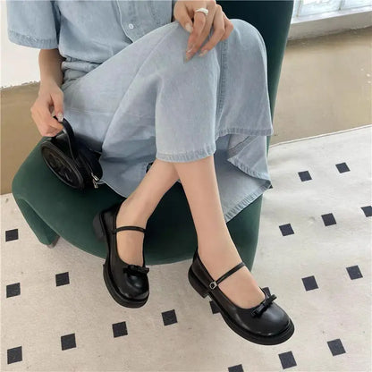 Ladies Summer Footwear Cute Japanese Style Lolita Shoes for Women with Bow Round Toe Kawaii Gothic Black Low Heel Elegant E