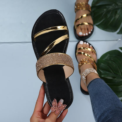 Summer New Women's Fashion Gold Silver Patent Leather Flat Heel Sandals Bling Rhinestone Narrow Band Beach Casual Slippers