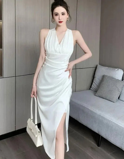 Summer Elegant Sexy V-Neck Split Bodycon Sheath Pencil Dress Women Pleated White Party Dresses Female  Work  Clothes