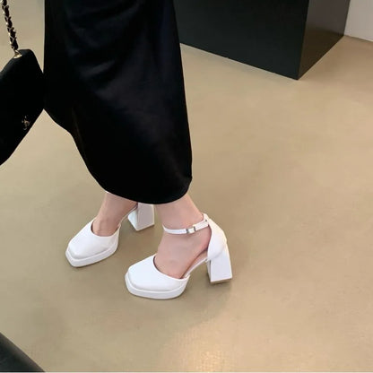 New Silk Wedding Party Women Pumps Sandals Punk Style Platform Buckle Strap Thick Square High Heels Shoes