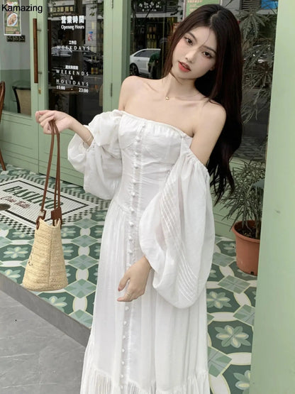 Women Vintage Square Collar White Dress for Autumn New Single Breasted Lantern Sleeved Robe France Elegant Party Vestidos