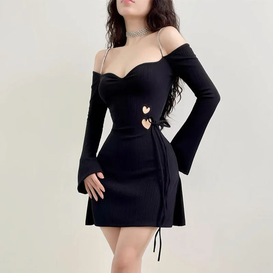 binfenxie Black Autumn Sexy Women's Dress Lace-up Long Sleeves Backless Off Shoulder Casual Dress Party Elegant Hollow Out A-LINE Dresses