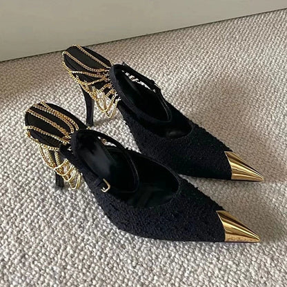 Futurecen Woman Pumps High Heels Fashion Chain Decoration Hollow Elegant Stiletto Sandals Pointed Toe Party Shoes for Women