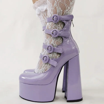 New purple Lolita sweet 15cm high heels thick bottom bow women's shoes round head hollow out buckle single shoes size 36-47