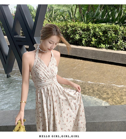 binfenxie New Long Floral Satin Halter Dress Women Summer 2022 Runway Backless Boho Y2k Exotic Vintage Prom Dress for Party Beach Vacation