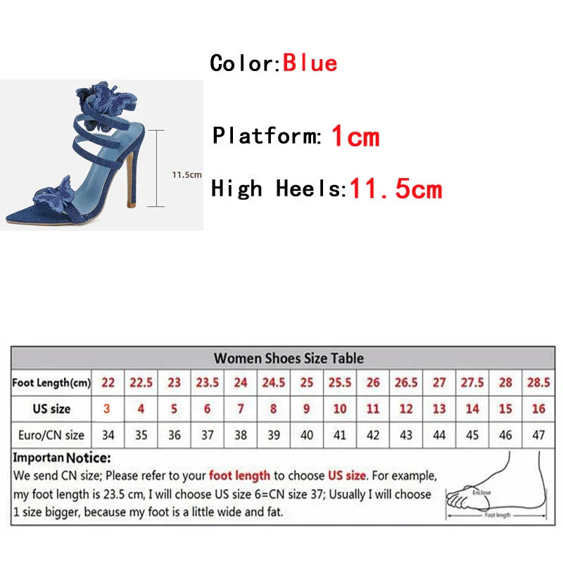 binfenxie  High Quality Embroidery Butterfly Ankle Strap Sandals Women Sexy Pointed Toe Gladiator Heels Summer Party Dress Shoes Blue