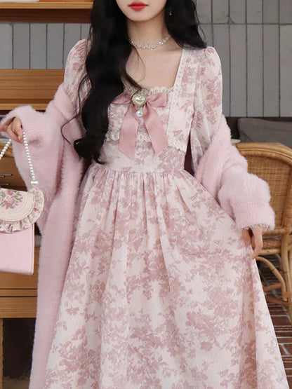 binfenxie Sweet Pink Princess Dress Women Vintage Floral Print Puff Sleeve Dress Female French Style Elegant Kawaii Lace Bow Long Dresses