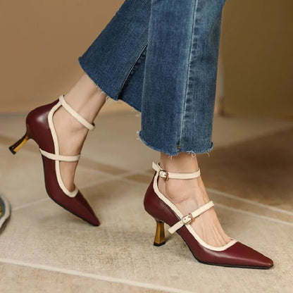 Futurecen NEW Spring/Summer Women Shoes Pointed Toe Thin Heel Pumps for Women Elegant Cow Leather Shoes sexy High Heels Elegant Mary Janes