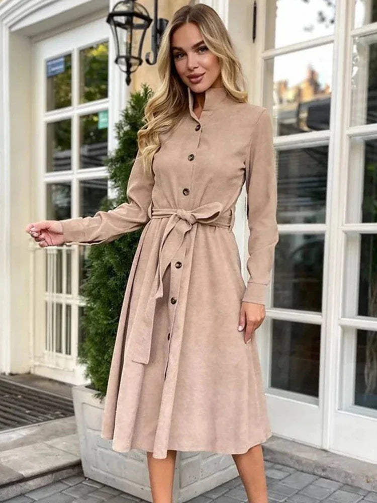 binfenxie  -   Long Sleeve Elegant Party Dresses Women Button Knee Length Lady Dresses Women Shirts A Line Dresses Autumn New