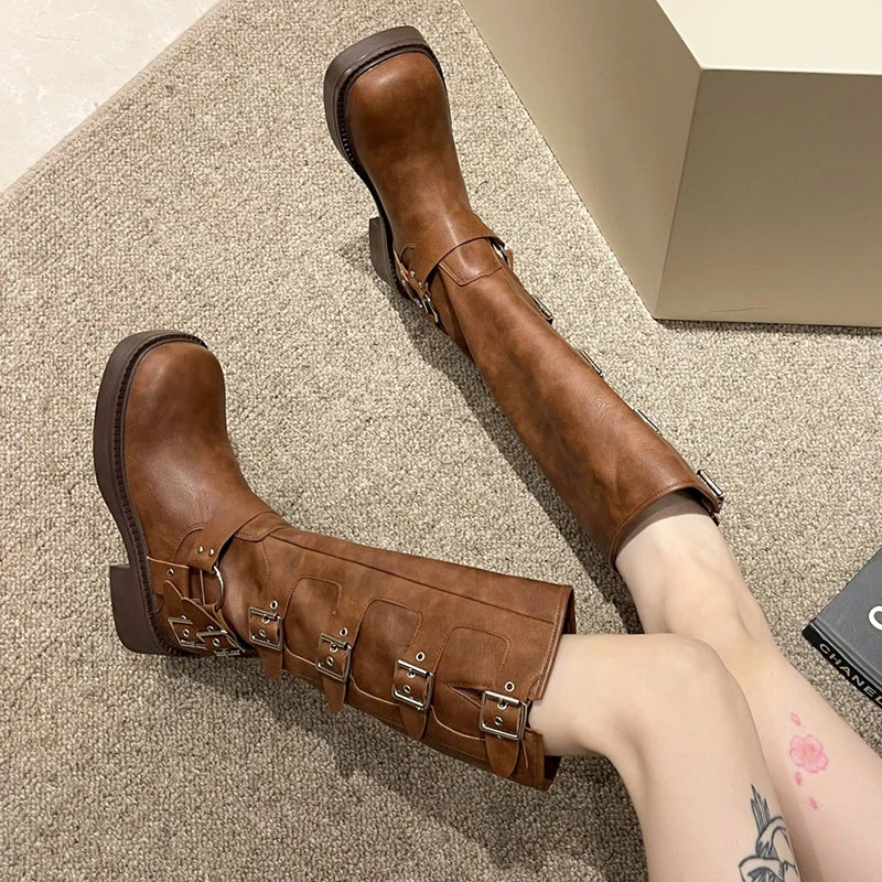 Fashion Belt Buckle Motorcycle Long Boots Women Punk Pu Leather Knee High Botas Woman Black Brown Plus Size Knight Combat Boots