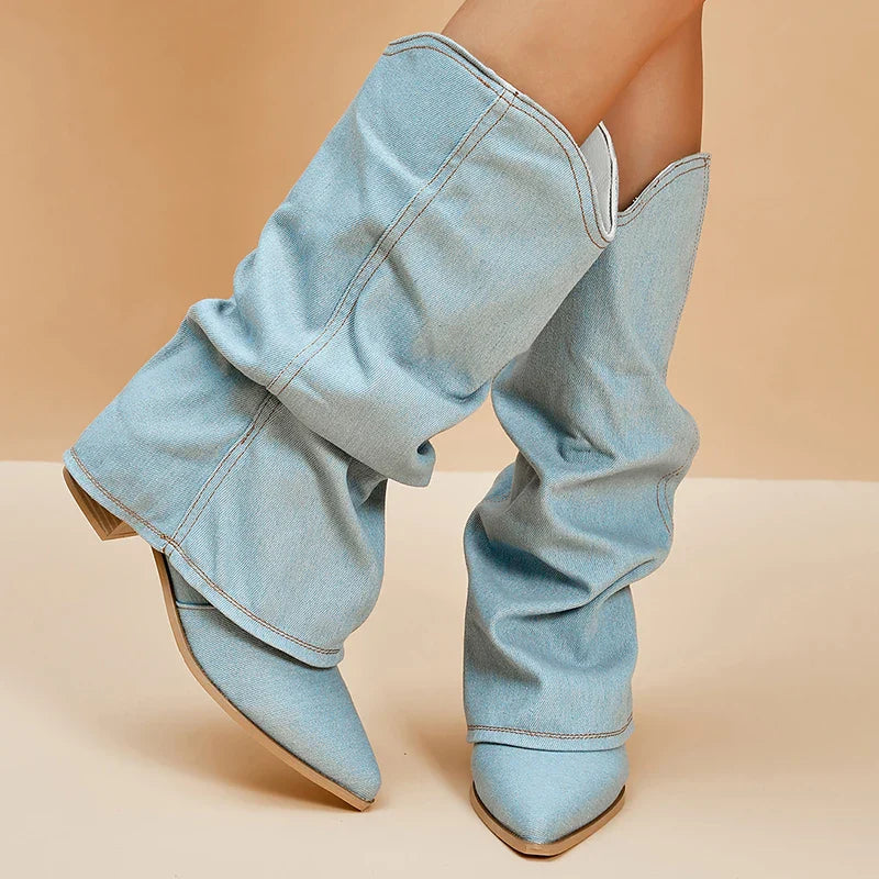 Pleats Blue Denim Thigh High Boots for Women Spring Thick Heeled Pointed Toe Cowboy Boots Woman Slip On Western Long Boots