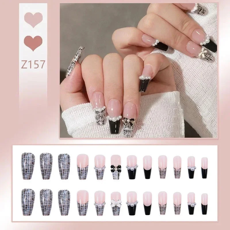 binfenxie 24pcs/box Fake Nails Press on Reusable with Designs Set French Artificial Aurora Diamond False Tipsy Stick-on Nails Tips Art