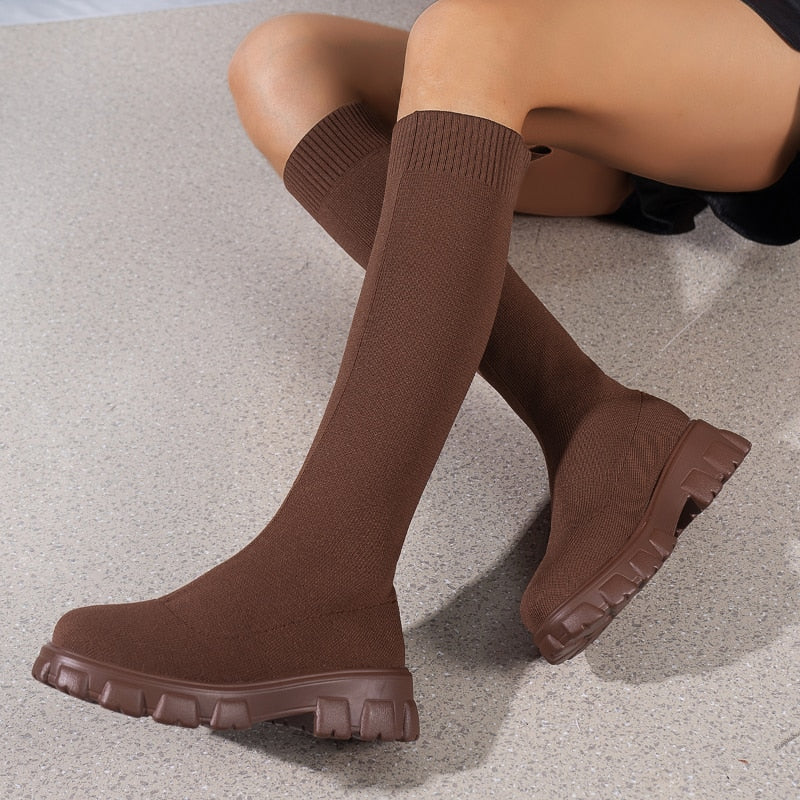 Women's Boots Knitting Socks Platform Chelsea Mid Calf Trend Chunky Black Knee High Elegant Plus Size New European Style