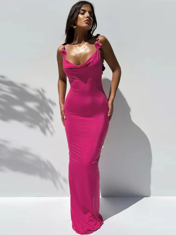 Flower Spaghetti Strap Backless Maxi Dress Women Rose Pink Bodycon Slipdress Ladies Elegant Sexy Club Party Dress