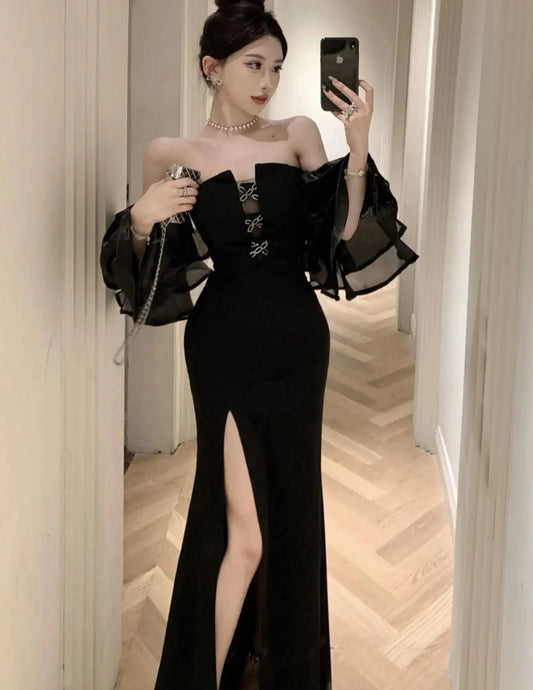 Fashion Sexy Black Party Prom Dresses Elegant Slim Waist Split Runway Robe Women Spring Summer Off Shoulder Vestidos Clothes