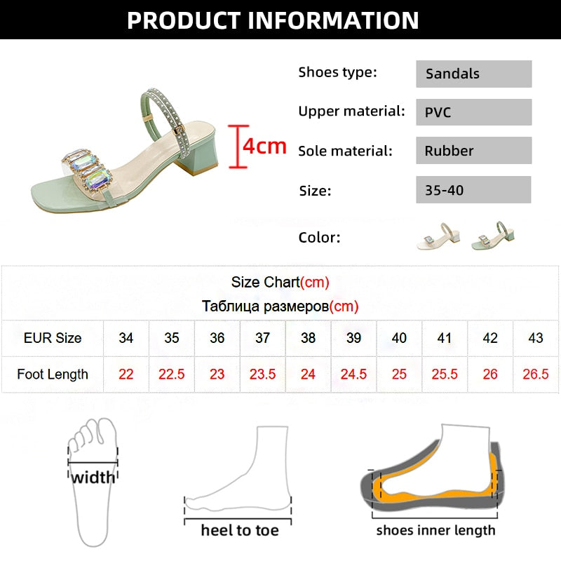 Fashion Rhinestone Sandals for Women Summer Square Heels Open Toe Slippers Woman Transparent PVC Jelly