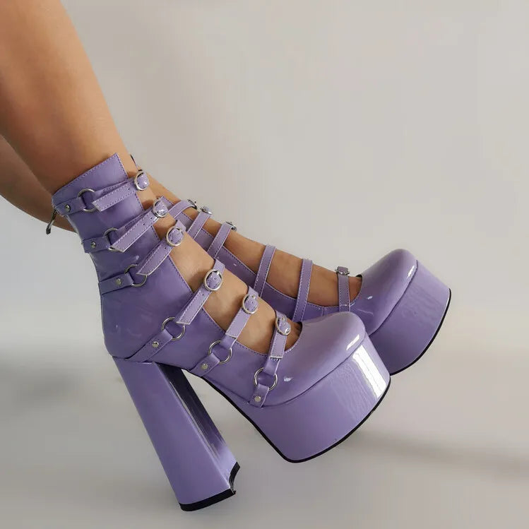 New purple Lolita sweet 15cm high heels thick bottom bow women's shoes round head hollow out buckle single shoes size 36-47