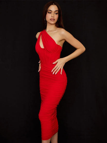 Elegant One Shoulder Ruched Midi Dress For Women Club Party Outfits Summer New Sleeveless Backless Bodycon Long Dress