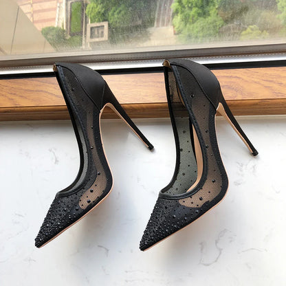 Futurecen Black Mesh Rhinestones Women Satin Gauze Pointy Toe Stiletto Pumps 8cm 10cm 12cm High Heel Elegant Shoes for Summer