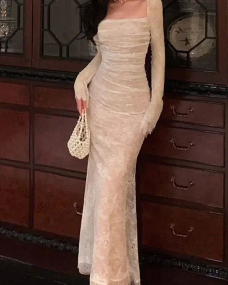 Vintage Elegant Bandage Mermaid Dress Spring Long Sleeve Lace Evening Party Prom Robe Women Casual Square Collar Vestidos Mujer