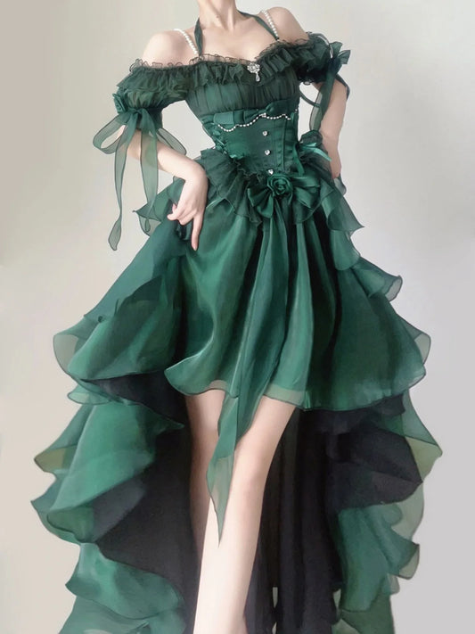 Green Flower Wedding Dress Cos Lolita Dress Op Dress Lolita Heavy Industry Trail Puffy Princess Dress, Lolita Cosplay